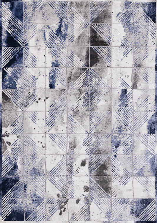 Chorus Grey Blue White Distressed Triangle Grid Rug by Kalora Interiors