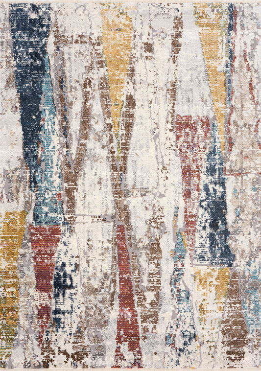 Evora Cream Blue Red Yellow Opposing Triangles Distressed Rug by Kalora Interiors