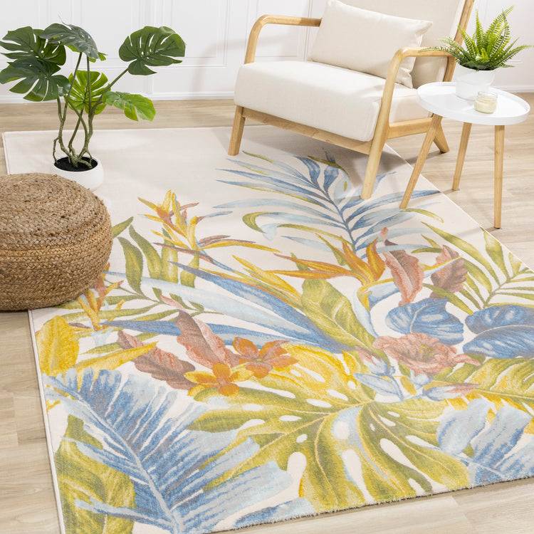 Belle Blue Pink Yellow Green Tropical Plant Rug by Kalora Interiors