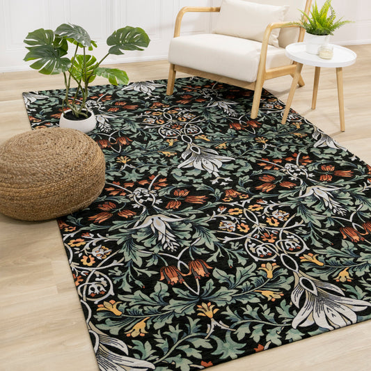 Cathedral Green Black Red Grey Yellow Symmetrical Floral Print Rug by Kalora Interiors