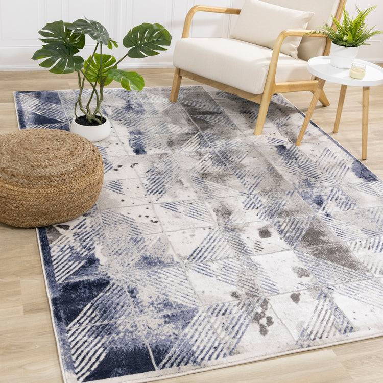 Chorus Grey Blue White Distressed Triangle Grid Rug by Kalora Interiors