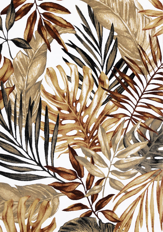 Alfombra con estampado de hojas de palmera en blanco, beige y gris claro de Kalora Interiors